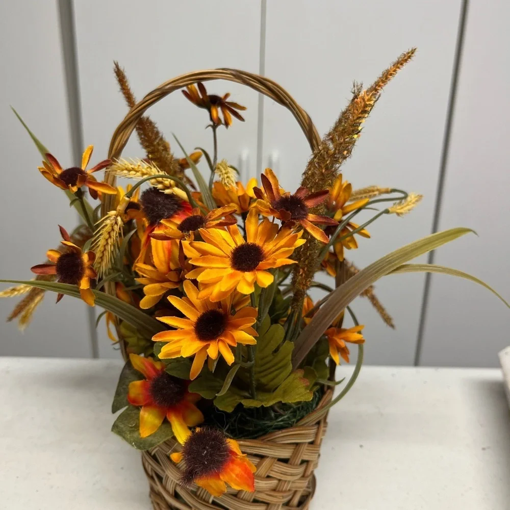 Handcrafted Autumn Floral Basket Fall Sunflower Rustic Table Decor